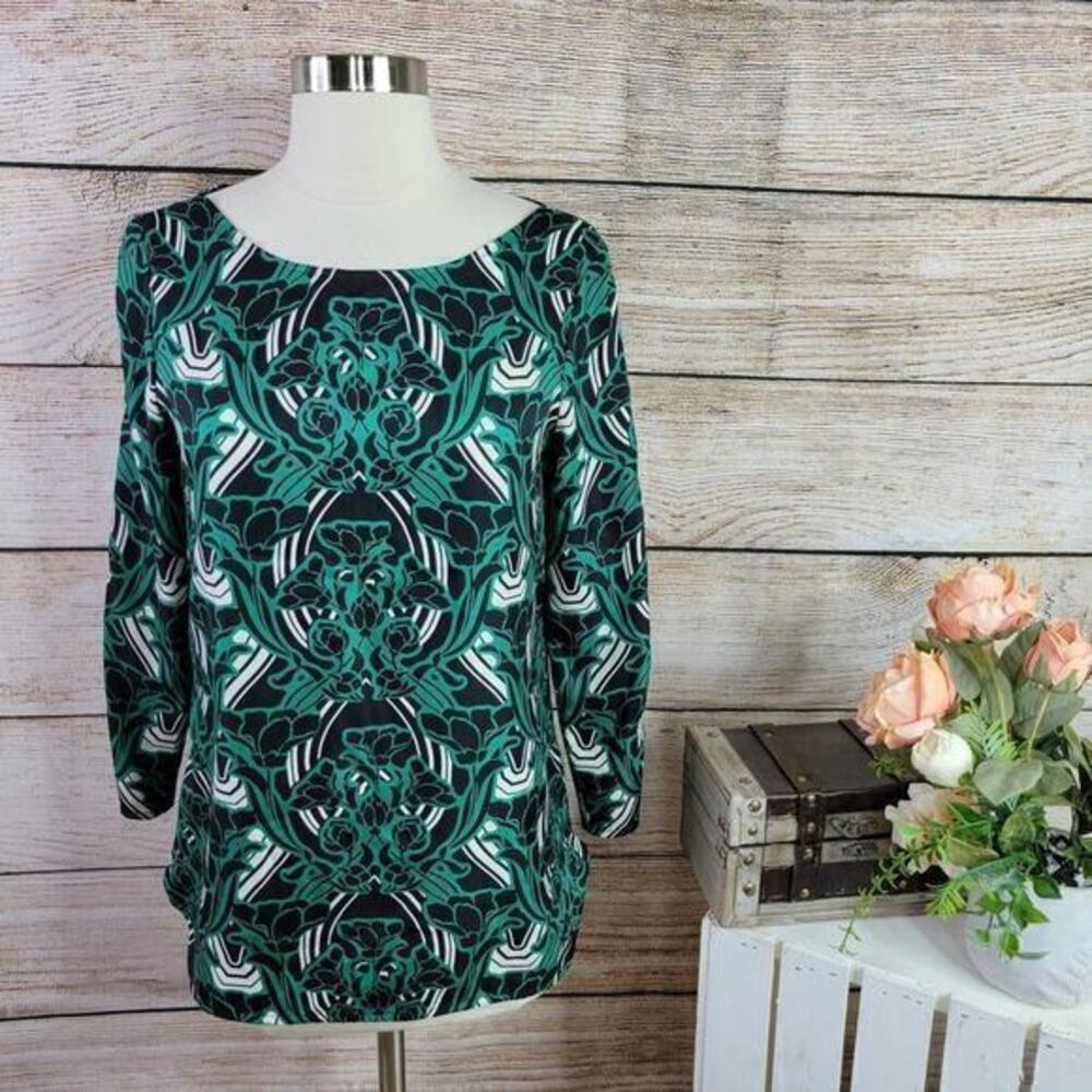 J Crew Blouse Top Womens Size  0 Green Floral 3/4 Sleeve‎ Abstract